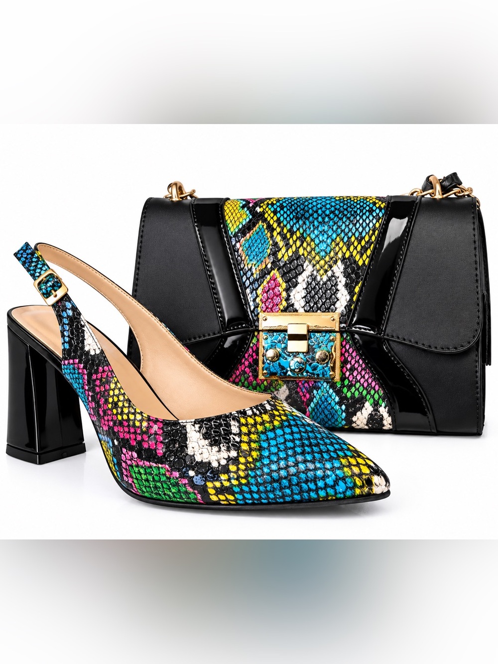 Multicolor Snake-Print Slingback Pump with Matching Bag